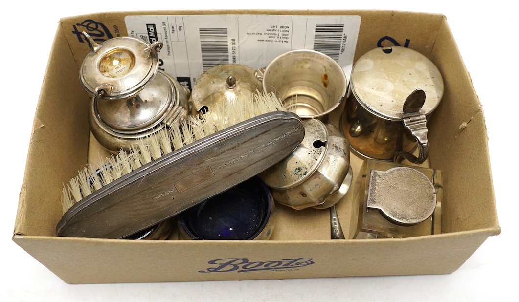 A George V silver miniature font, inscribed 'The Tin Plate Worker's Company', Lee & Wigful, Sheffield, 1924, 45mm, together with seven assorted silver condiments including George III silver mustard by Henry Chawner, a si